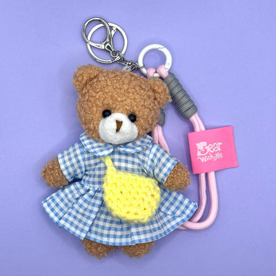 Spring Picnic Bear Keychain - Blue Plaid