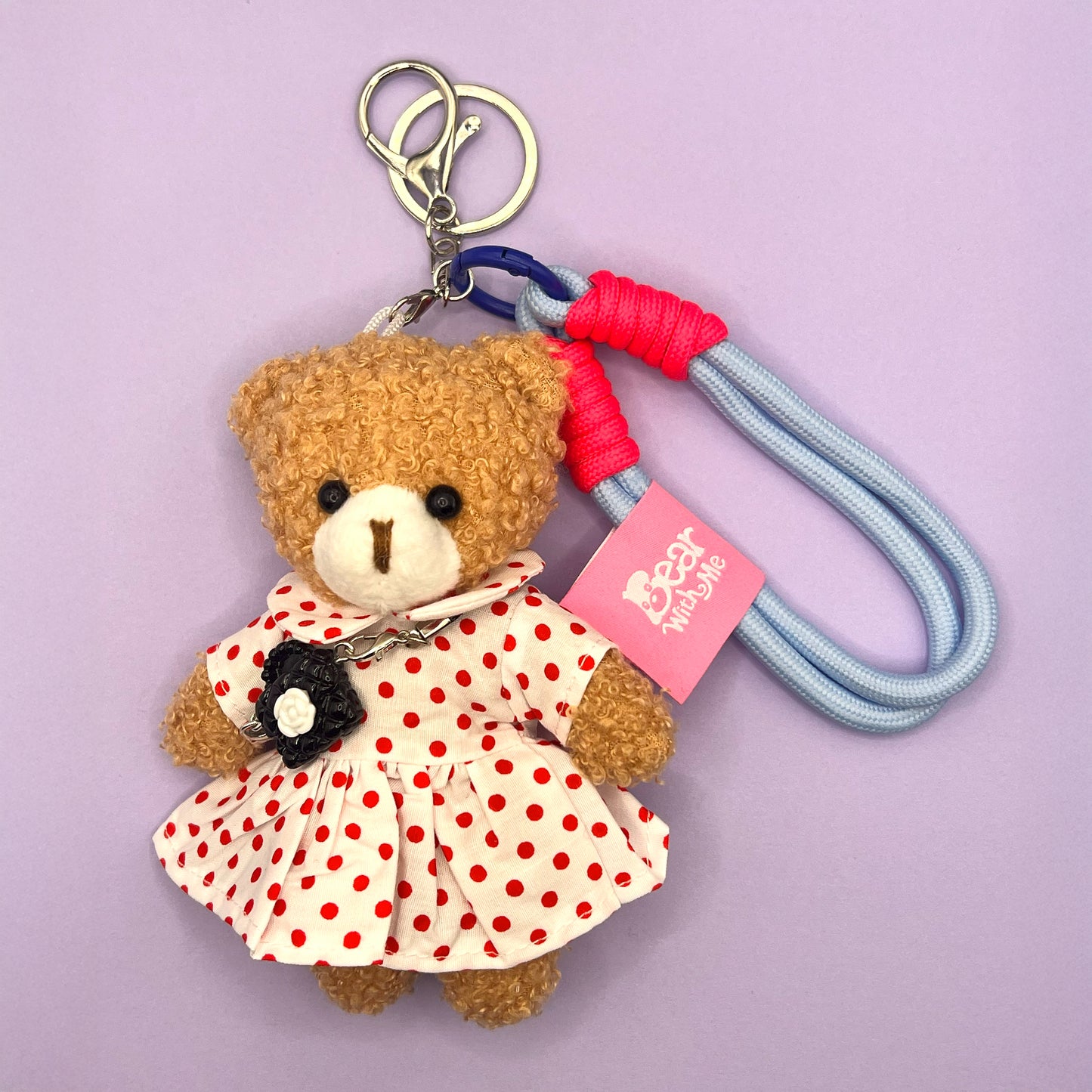 Spring Picnic Bear Keychain - White Red Polka Dot