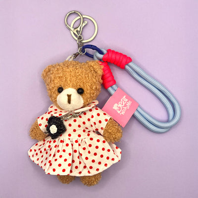 Spring Picnic Bear Keychain - White Red Polka Dot