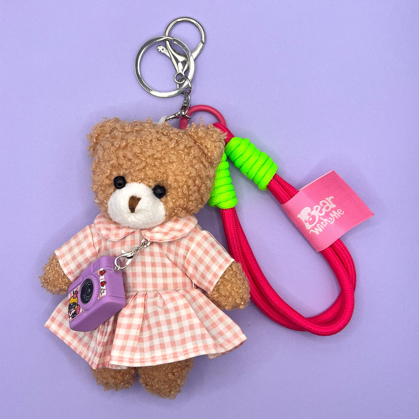 Spring Picnic Bear Keychain - Pink Plaid