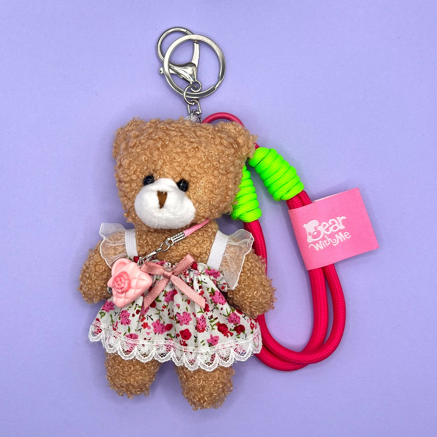 Spring Picnic Bear Keychain - Pink Flower