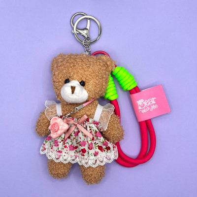 Spring Picnic Bear Keychain - Pink Flower