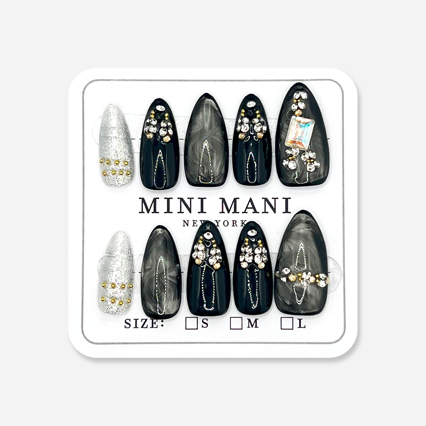 Handmade Press On Nail Tip - Black Marble Luxe