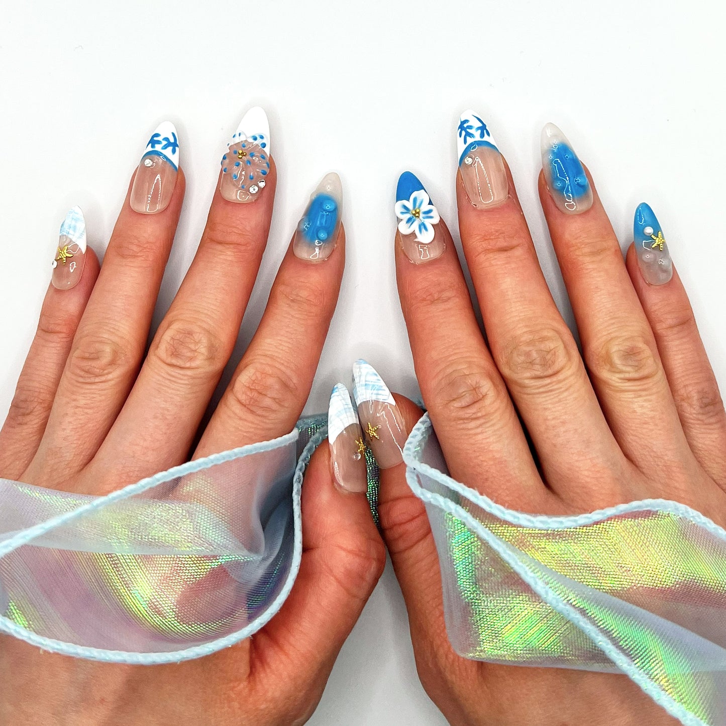 Handmade Press On Nail Tip - Ocean Bloom