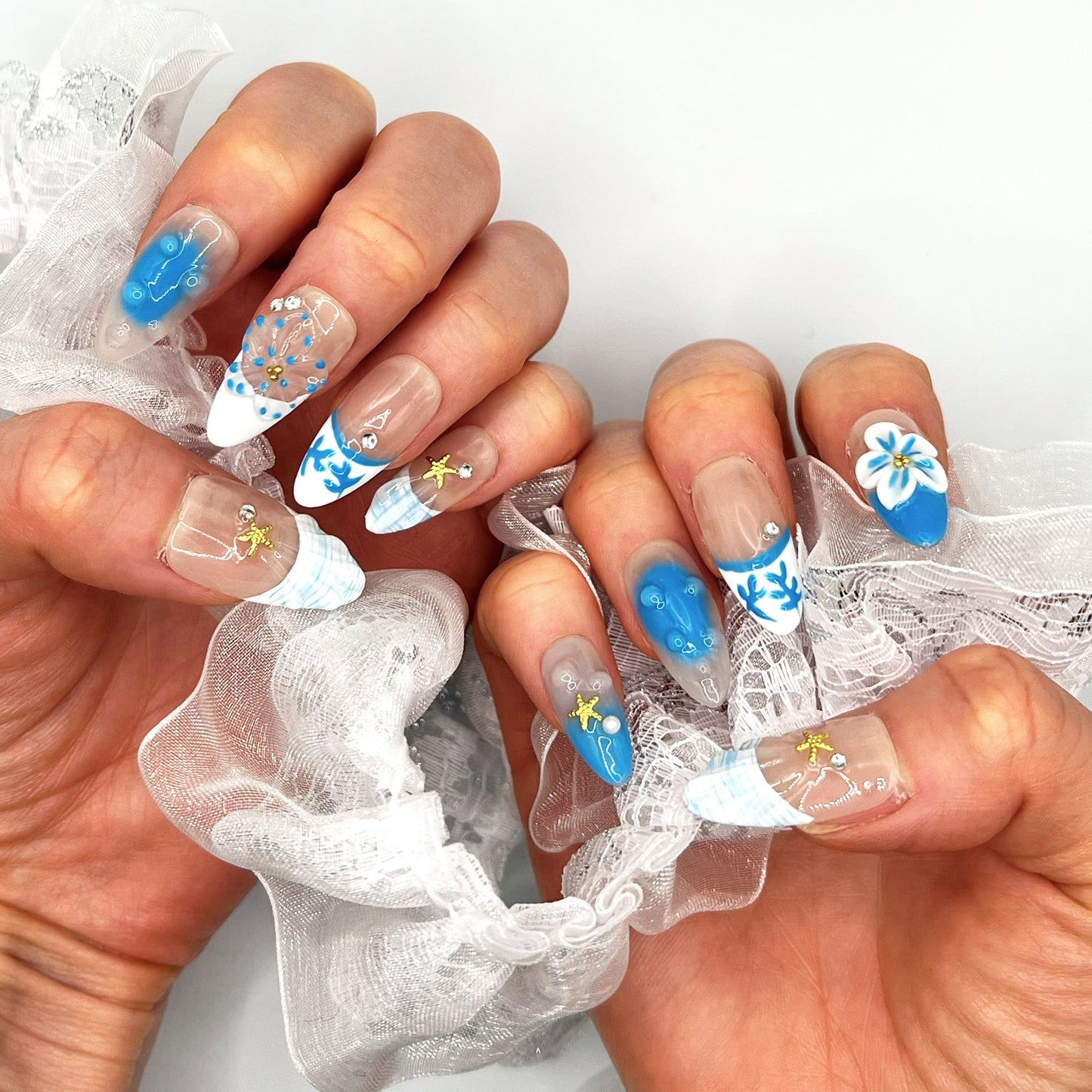 Handmade Press On Nail Tip - Ocean Bloom